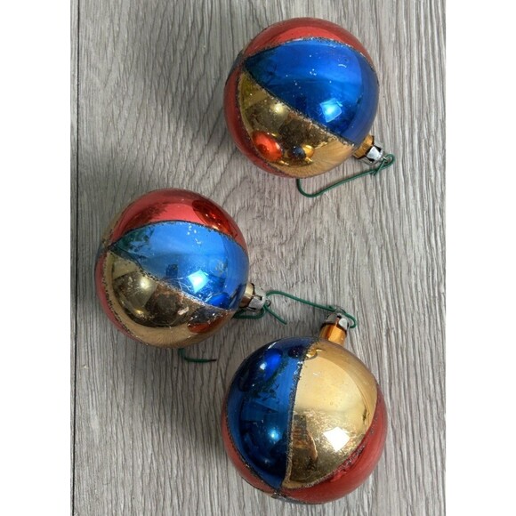 Lot Of 3 Vintage Glass Mica Striped Harlequin Christmas Ornaments Poland READ - Picture 1 of 6